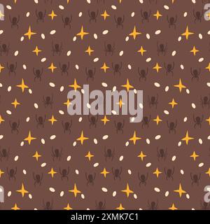 Motif sans couture étoiles et araignées. Fond sans fin d'Halloween sombre. Couverture simple de répétition festive mystère. Illustration vectorielle dessinée à la main. Illustration de Vecteur