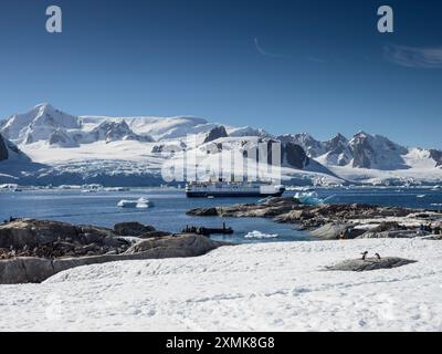 L'Ocean Nova débarque des touristes à point Circumcision, Île Petermann. Le mont Shackleton et la Terre Graham sont situés de l'autre côté du détroit de Penola, en Antarctique Banque D'Images