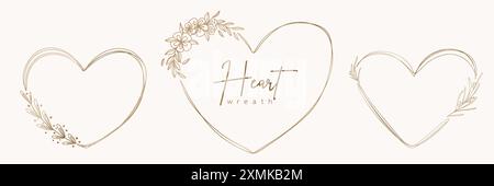 Ensemble de couronnes et de feuilles de coeur floral or dessiné Illustration de Vecteur