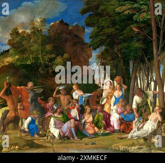 La fête des Dieux, par Giovanni Bellini, avec des ajouts par étapes à gauche et paysage central par Dosso Dossi et Titien. Banque D'Images