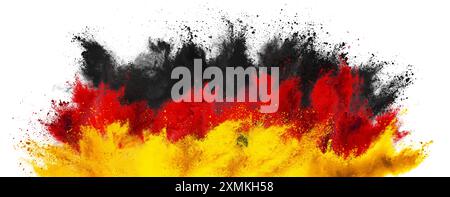 drapeau allemand coloré noir rouge or jaune couleur holi peinture poudre explosion fond blanc isolé. allemagne europe célébration football voyage touri Banque D'Images