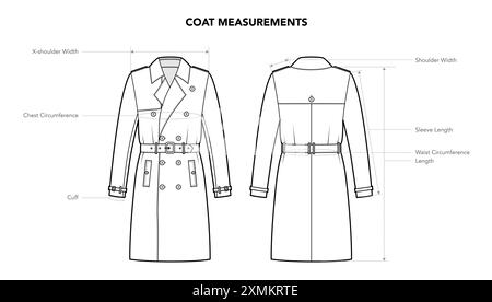 Ensemble de Coat mesure Détails - longueur, largeur des manches styles illustration de mode technique. Modèle de veste pour vêtements plats, vue avant, arrière. Femmes, hommes unisexe CAD maquette isolé sur fond blanc Illustration de Vecteur