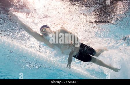 Paris, France. 28 juillet 2024. Léon Marchand, de France, participe à la finale du médaillé individuel du 400 m masculin de natation aux Jeux Olympiques de Paris 2024 à Paris, France, le 28 juillet 2024. Crédit : Xia Yifang/Xinhua/Alamy Live News Banque D'Images