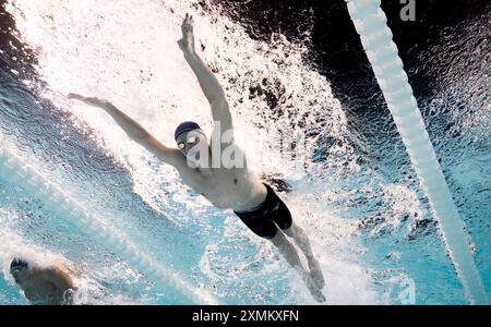 Paris, France. 28 juillet 2024. Léon Marchand, de France, participe à la finale du médaillé individuel du 400 m masculin de natation aux Jeux Olympiques de Paris 2024 à Paris, France, le 28 juillet 2024. Crédit : Xia Yifang/Xinhua/Alamy Live News Banque D'Images