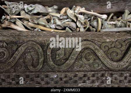 Sculpture décorative indigène sur sarcophage en bois sur le site funéraire traditionnel du village de Kete Kesu, Tana Toraja, Sulawesi du Sud, Indonésie. Banque D'Images