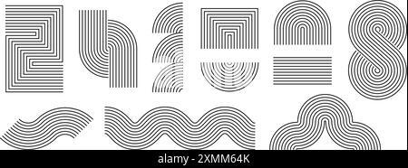 Ensemble de formes géométriques de style boho linéaire noir. Collection de courbes, vagues et arches du milieu du siècle. Éléments de ligne décoratifs pour modèle de conception graphique, affiche, bannière, couverture. Objets zigzag ondulés vectoriels Illustration de Vecteur