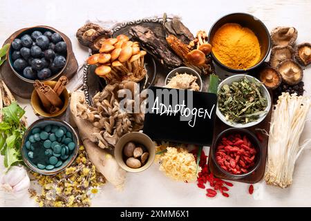 Adaptogène naturel sain. Herbes, épices, champignons sur fond clair. Collection de nourriture Nervine. Vue de dessus Banque D'Images