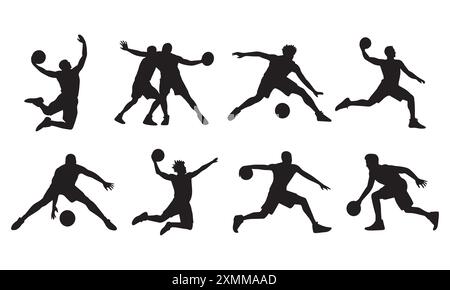 Ensemble vectoriel de silhouettes de joueurs de basket-ball dans une action différente Illustration de Vecteur