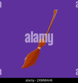 Balai de sorcière magique d'Halloween de dessin animé. Balai vectoriel isolé avec des pouvoirs surnaturels, permet aux sorcières de s'élever dans le ciel et d'effectuer des enchanti Illustration de Vecteur