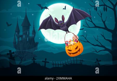 Chauve-souris volante avec seau de bonbons d'Halloween, vecteur vacances d'Halloween. Chauve-souris de dessin animé portant la citrouille avec astuce ou traiter des bonbons dans le ciel nocturne sombre avec ful Illustration de Vecteur