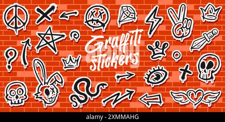 Stickers pack de peintures grunge graffiti en spray sur fond de mur de briques. Symbole de paix, crâne et couronne, X ou points d'interrogation, flèches, visage triste avec cros Illustration de Vecteur