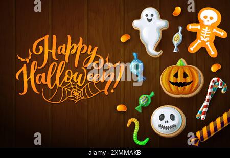 Bonbons d'Halloween sur fond en bois. Les biscuits et bonbons de vacances de dessin animé se dispersent sur la planche de bois brun. Bannière vectorielle ou carte de voeux avec ensorcelant Illustration de Vecteur