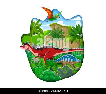 Empreinte de dinosaure préhistorique découpée en papier. Dessin animé 3d vecteur Papercut cadre rempli d'espèces de dinosaures dans le paysage luxuriant, vert, de la forêt de jungle avec ancie Illustration de Vecteur