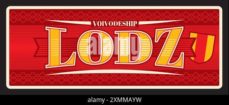 Lodz Voivodeship, province polonaise, plaque de voyage rétro Pologne. Vector Lodz province, vintage bannière rétro signe, tableau ou carte postale avec carte de territoire an Illustration de Vecteur
