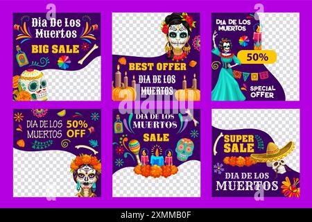 Jour de la mort Dia de Los Muertos vacances mexicaines grande vente et offres spéciales modèles de bannières. Vector Mexique Halloween crânes, soucis, bougies, s. Illustration de Vecteur