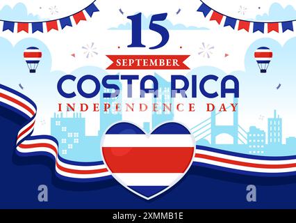 Joyeux jour de l'indépendance du Costa Rica illustration vectorielle pour le 15 septembre mettant en vedette un drapeau ondulant et des confettis sur un fond de dessin animé de style plat Illustration de Vecteur