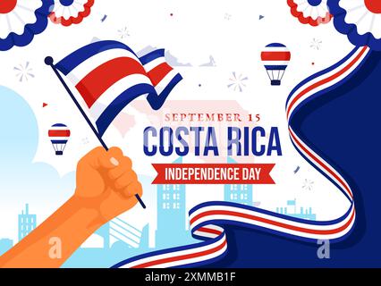 Joyeux jour de l'indépendance du Costa Rica illustration vectorielle pour le 15 septembre mettant en vedette un drapeau ondulant et des confettis sur un fond de dessin animé de style plat Illustration de Vecteur