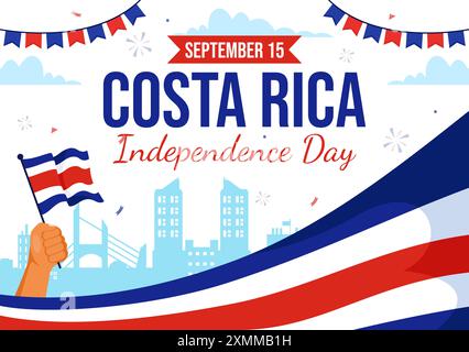 Joyeux jour de l'indépendance du Costa Rica illustration vectorielle pour le 15 septembre mettant en vedette un drapeau ondulant et des confettis sur un fond de dessin animé de style plat Illustration de Vecteur