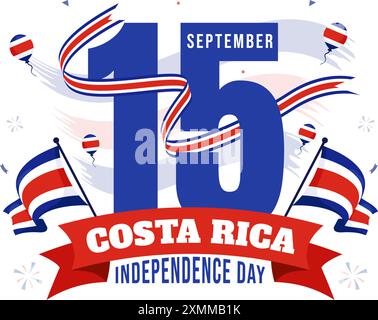 Joyeux jour de l'indépendance du Costa Rica illustration vectorielle pour le 15 septembre mettant en vedette un drapeau ondulant et des confettis sur un fond de dessin animé de style plat Illustration de Vecteur