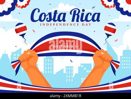 Joyeux jour de l'indépendance du Costa Rica illustration vectorielle pour le 15 septembre mettant en vedette un drapeau ondulant et des confettis sur un fond de dessin animé de style plat Illustration de Vecteur