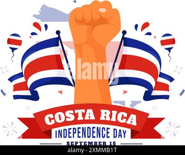 Joyeux jour de l'indépendance du Costa Rica illustration vectorielle pour le 15 septembre mettant en vedette un drapeau ondulant et des confettis sur un fond de dessin animé de style plat Illustration de Vecteur