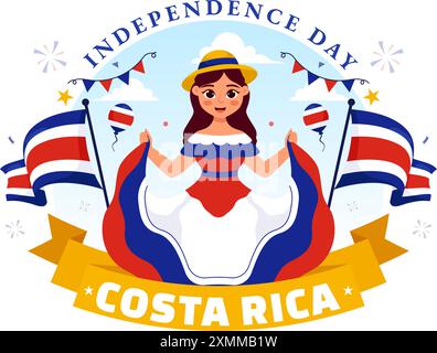 Joyeux jour de l'indépendance du Costa Rica illustration vectorielle pour le 15 septembre mettant en vedette un drapeau ondulant et des confettis sur un fond de dessin animé de style plat Illustration de Vecteur