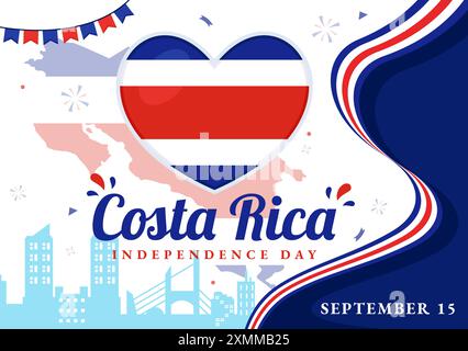 Joyeux jour de l'indépendance du Costa Rica illustration vectorielle pour le 15 septembre mettant en vedette un drapeau ondulant et des confettis sur un fond de dessin animé de style plat Illustration de Vecteur