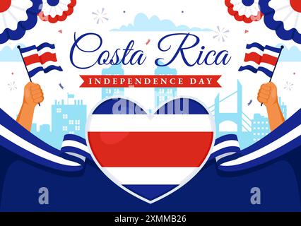 Joyeux jour de l'indépendance du Costa Rica illustration vectorielle pour le 15 septembre mettant en vedette un drapeau ondulant et des confettis sur un fond de dessin animé de style plat Illustration de Vecteur