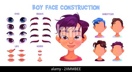 Kit de construction de visage de garçon d'enfant de dessin animé. Boy face diy éléments de construction - différents yeux et nez, lèvres et sourcils, coupes de cheveux et couleur des cheveux. GENERATEUR de CREATION de portrait de CARACTERES Illustration de Vecteur