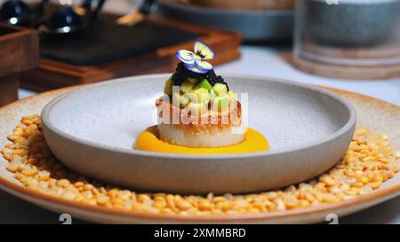 Plat gastronomique avec noix de Saint-Jacques poêlées, avocat et caviar sur lit de crémeux Banque D'Images