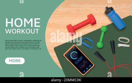 Équipement de gymnastique. Bannière d'entraînement à domicile. Exercices d'ajustement. Articles de yoga 3D. Vue de dessus pour smartphone cardio app ou site Web. Entraînement physique. applicatio amincissante Illustration de Vecteur