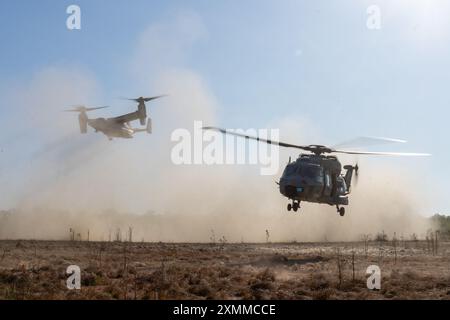 U.S. Marines avec Marine Medium Tiltrotor Squadron 268 (renforcé), Marine Rotational Force – Darwin 24.3, décollage dans un MV-22B Osprey aux côtés de pilotes de la Marine italienne dans un hélicoptère NH-90 pour une formation bilatérale dans le cadre d'une sortie d'entraînement pendant l'exercice Pitch Black 24 à Mount Bundey Training Area, territoire du Nord, Australie, 22 juillet 2024. L’exercice Pitch Black 24 est le plus important des 43 ans d’histoire de l’exercice et rassemble 20 pays participants, plus de 140 avions du monde entier et plus de 4 000 membres du personnel. Exercise Pitch Black 24 permet à MRF-d 24.3 Aviation combat Element, VM Banque D'Images