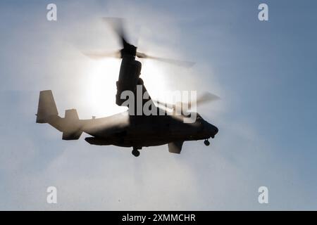 U.S. Marines avec Marine Medium Tiltrotor Squadron 268 (renforcé), Marine Rotational Force – Darwin 24.3, décollage dans un MV-22B Osprey aux côtés de pilotes de la Marine italienne dans un hélicoptère NH-90 pour une formation bilatérale dans le cadre d'une sortie d'entraînement pendant l'exercice Pitch Black 24 à Mount Bundey Training Area, territoire du Nord, Australie, 22 juillet 2024. L’exercice Pitch Black 24 est le plus important des 43 ans d’histoire de l’exercice et rassemble 20 pays participants, plus de 140 avions du monde entier et plus de 4 000 membres du personnel. Exercise Pitch Black 24 permet à MRF-d 24.3 Aviation combat Element, VM Banque D'Images