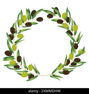 Couronne d'olive branche d'arbre noir vert avec des baies Illustration de Vecteur