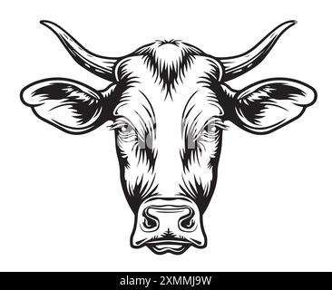 Croquis de logo de tête de vache de ferme dessinée à la main gravure d'art de ligne illustration vectorielle Illustration de Vecteur