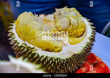 Gros plan de fruits de durian en vente dans un étal de marché à Penang, Malaisie. Banque D'Images