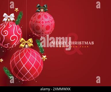 Conception de fond de vecteur de carte de voeux boules de Noël. Joyeux noël et texte de bonne année avec boule de Noël imprimée suspendue, feuilles de pin Illustration de Vecteur