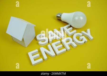 Économisez l'énergie lettres de l'alphabet avec le modèle de maison et les ampoules LED sur fond jaune, économie et concept respectueux de l'environnement Banque D'Images