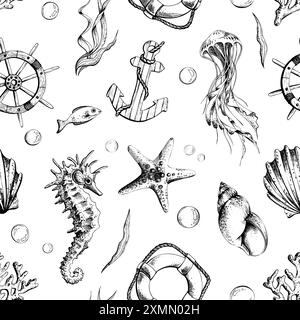 Vie marine, volant, ancre et bouée de sauvetage. Illustration de dessin au trait graphique en noir et blanc, dessiné à la main. Modèle sans couture pour la conception de Illustration de Vecteur