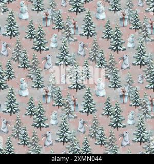 Motif hivernal sans couture sur fond rose avec arbres de Noël, lièvres, bonhommes de neige, cadeaux. Illustration aquarelle d'un grand ensemble d'HIVER CONFORTABLE. Pour Banque D'Images