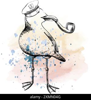 Un goéland dans une casquette de capitaine avec une pipe à tabac dans son bec. Illustration graphique vectorielle en noir et blanc dessinée par EPS à la main. Composition isolée avec Illustration de Vecteur