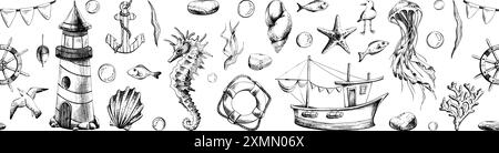 Animaux marins sous-marins, un phare et un bateau. Illustration de dessin au trait graphique en noir et blanc, dessiné à la main. Bordure horizontale sans couture Illustration de Vecteur