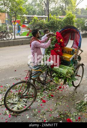 Homme bangladais chargeant des roses rouges sur un pousse-pousse au marché, Division de Dhaka, Dhaka, Bangladesh Banque D'Images