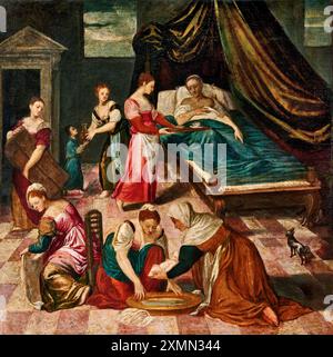 Nascita di Maria - olio su tela - Antonio de Ferrari detto foler - primo quarto del XVII secolo - Venezia, chiesa di S. Maria Formosa Banque D'Images