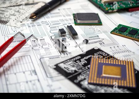 Composants et outils électroniques sur un plan d'ingénierie pour la conception de cartes de circuits imprimés. Banque D'Images