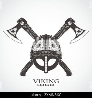 casque ornemental viking avec conception de logo héraldry axes croisés Illustration de Vecteur