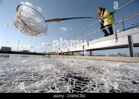 Thames Water Une femme pêchant des bourgeons de coton dans les usines de traitement des eaux usées d'Oxford 9 février 1999 photo de Roger Bamber Banque D'Images