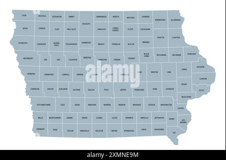 Comtés de l'Iowa, carte politique grise avec frontières et noms de comté. État enclavé dans la région du Midwest des États-Unis. Banque D'Images