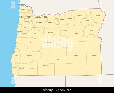 Comtés de l'Oregon, carte politique avec les frontières et les noms des comtés. État dans la région Pacifique Nord-Ouest des États-Unis, subdivisé en 36 comtés. Banque D'Images