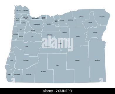 Comtés de l'Oregon, carte politique grise avec les frontières et les noms des comtés. État de la région Pacifique Nord-Ouest des États-Unis. Banque D'Images